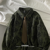 STRAPPING墨绿田园花朵领带长袖 花衬衫 港风复古日系男女痞帅秋