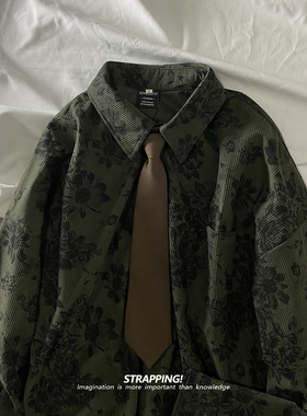 STRAPPING墨绿田园花朵领带长袖花衬衫港风复古日系男女痞帅秋