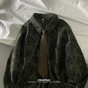 STRAPPING墨绿田园花朵领带长袖 港风复古日系男女痞帅秋 花衬衫