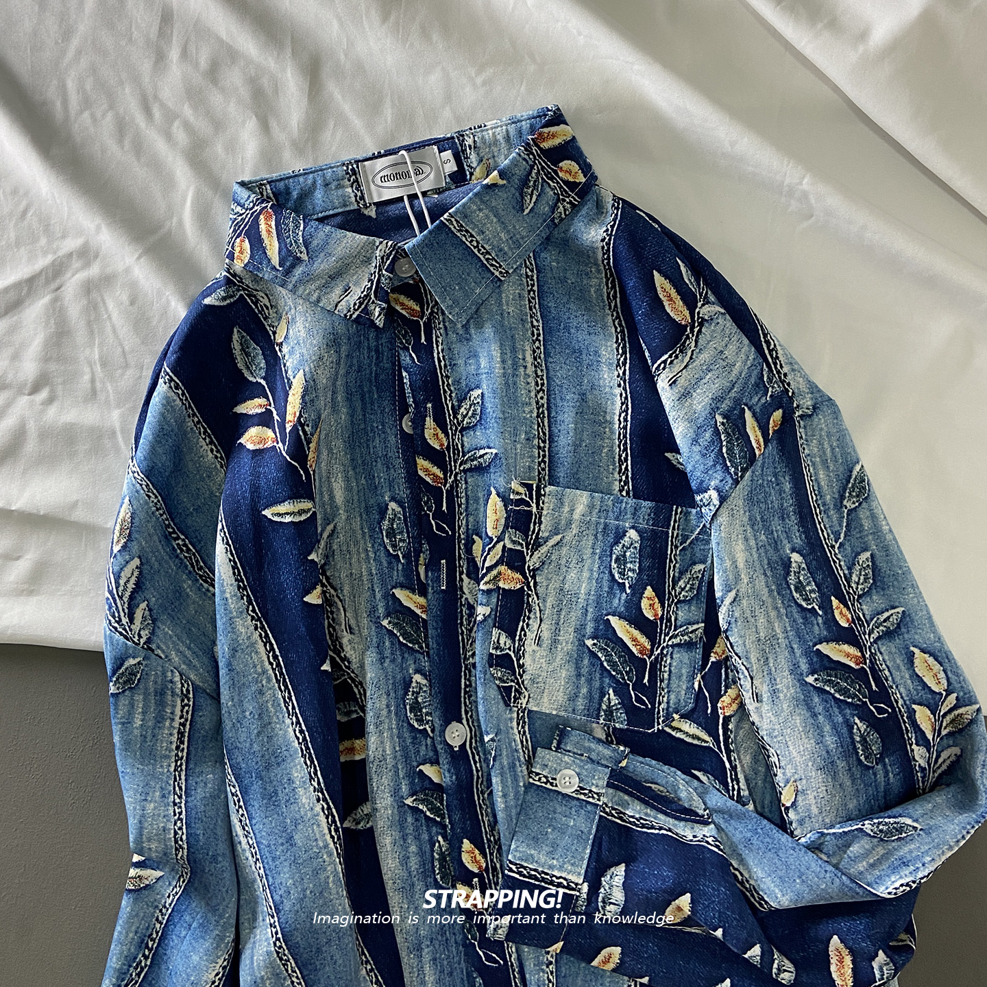STRAPPING仿牛仔蓝印花碎花长袖花衬衫港风复古日系男女痞帅春秋
