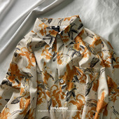 STRAPPING杏色泼墨线描花卉碎花长袖 衬衫 港风复古日系男女痞帅秋