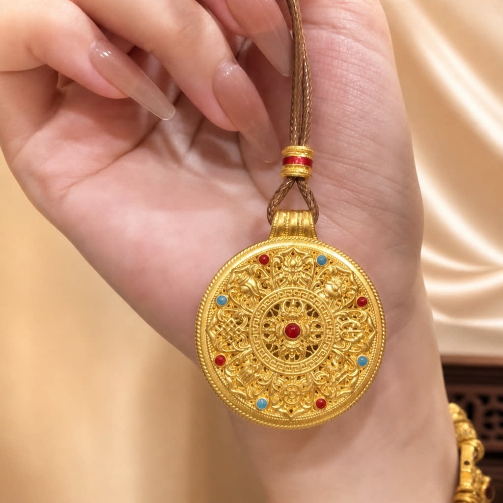 金玖饰明星同款珐琅彩八宝罗盘项链女富婆沙金吊坠毛衣链久不掉色