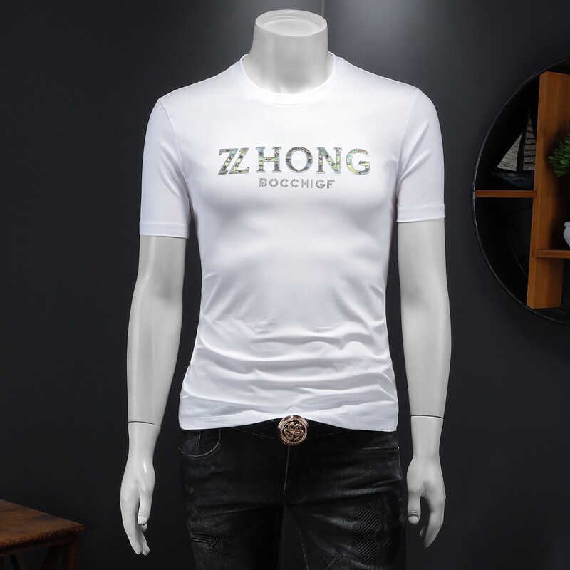 夏季新款丝光棉高品质短袖t恤圆领男半袖打底衫6129P65假模白，男装T恤，钱塘6025