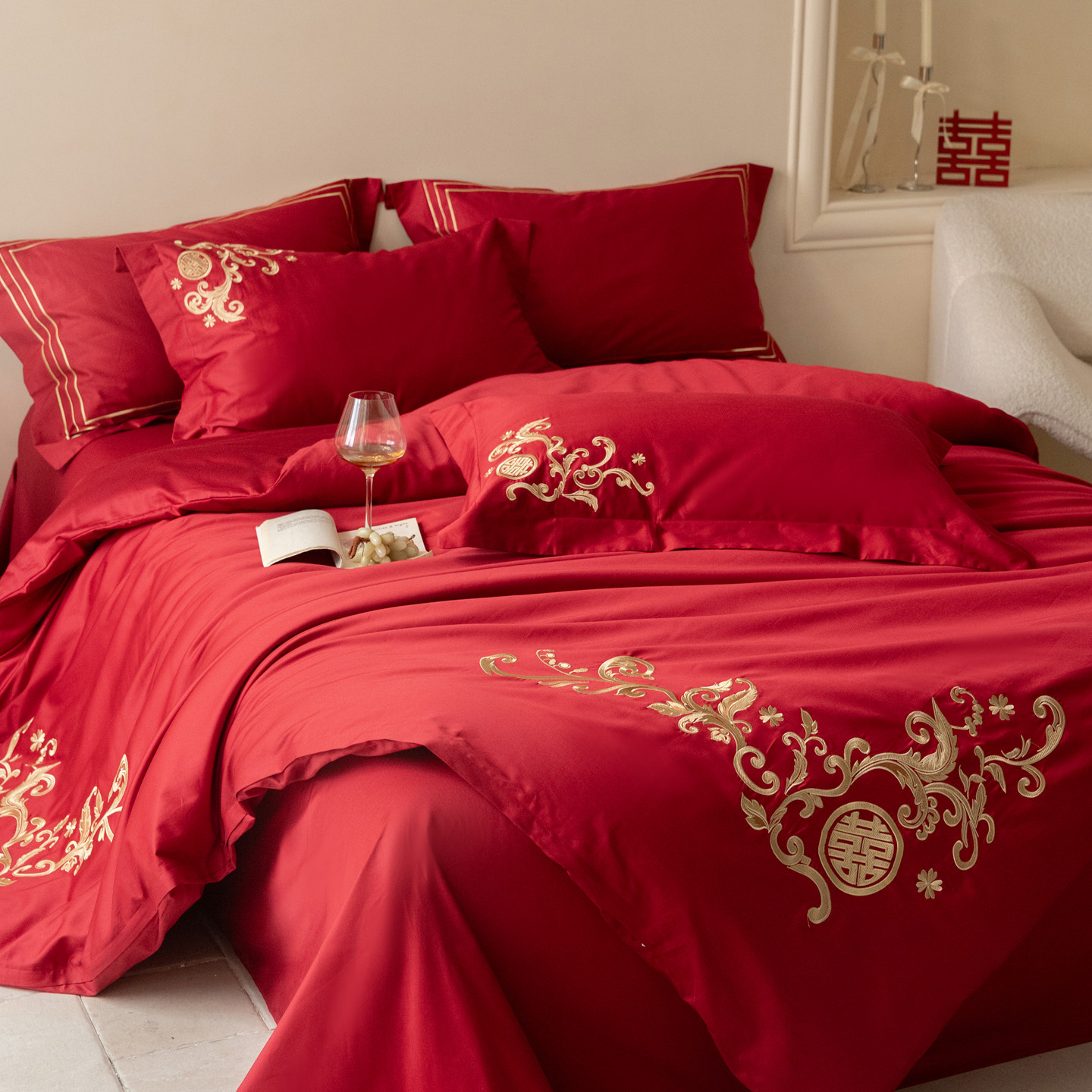 2026新款100s长绒棉大红床单被套全棉床上用品结婚四件套刺绣款