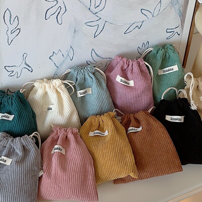 32133 纯色灯芯绒织唛收纳袋抽绳束口化妆包女便携随身大容量