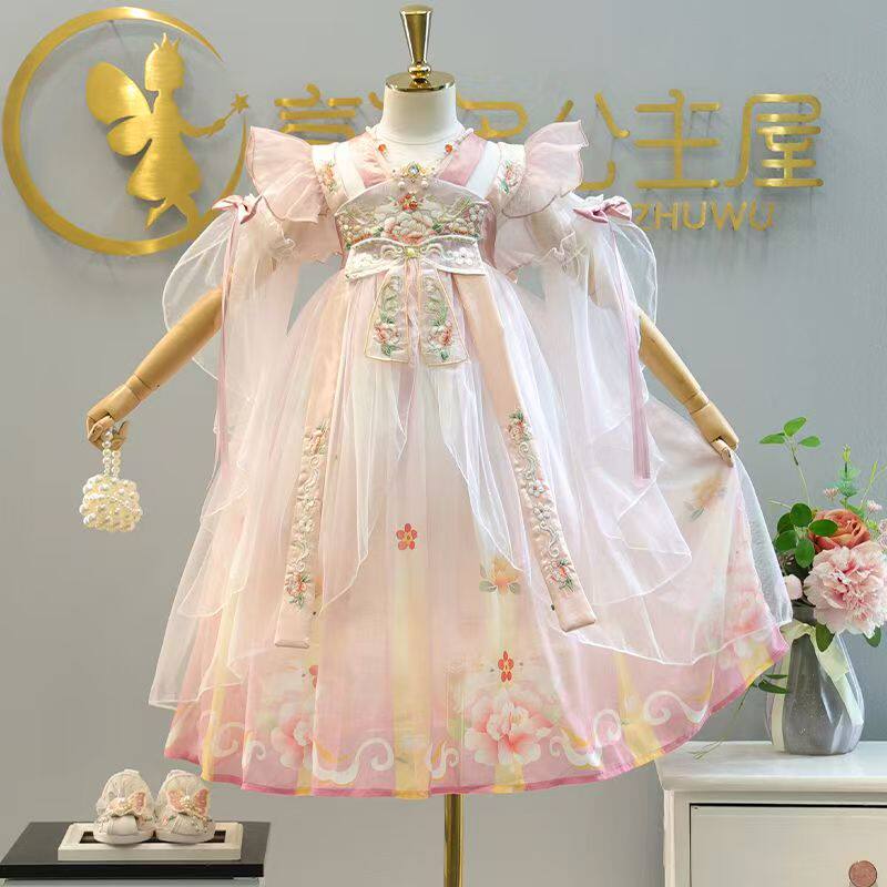 女童汉服刺绣齐胸襦裙新款中国风超仙飘逸公主连衣裙女孩唐装古风