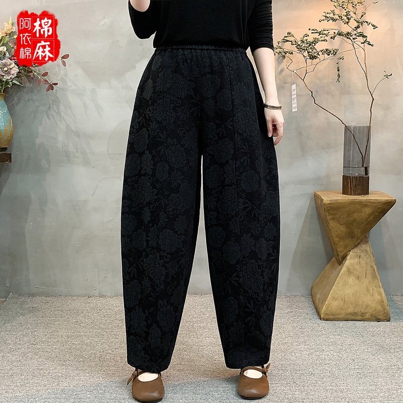 棉麻哈伦裤女松紧腰提花宽松百搭减龄妈妈装暗花小脚休闲裤春秋款