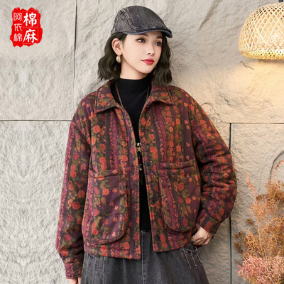 新款棉麻印花棉衣外套女宽松显瘦