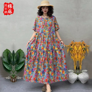 棉麻复古风印花连衣裙女夏季宽松显瘦圆领短袖长裙文艺休闲蛋糕裙