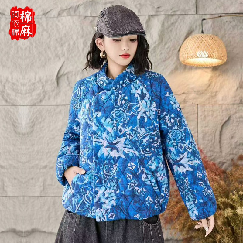 中式秋冬棉麻印花棉衣外套