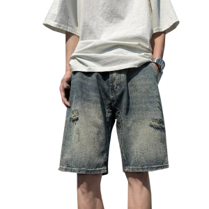 2024夏季文艺牛仔短裤简约五分裤男直筒日系破洞短裤潮dk911 p35图片