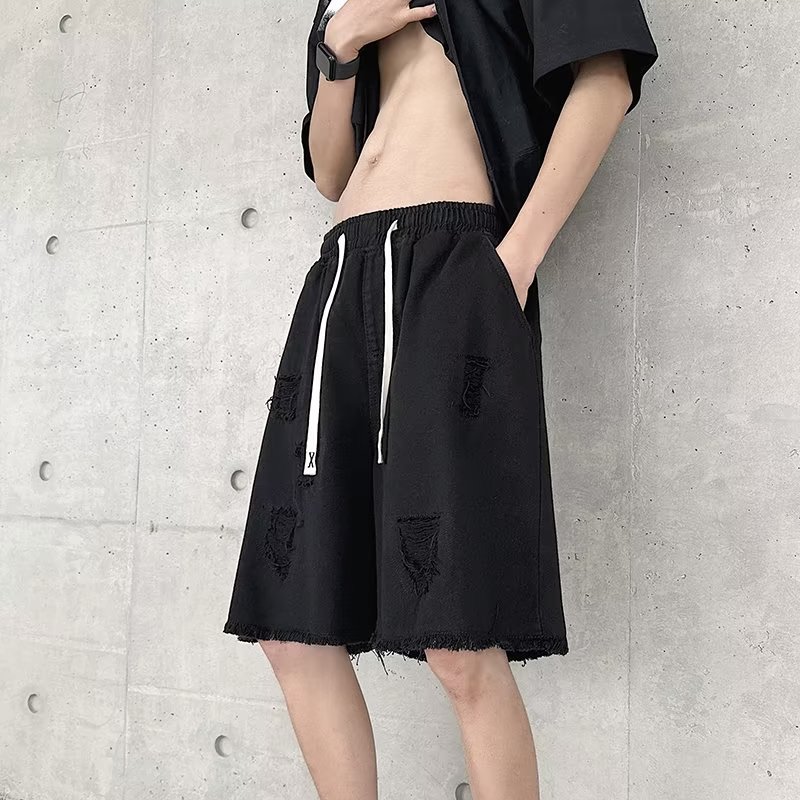 破洞牛仔短裤男潮牌2023夏季薄款宽松直筒高街五分裤潮dk215 p45图片