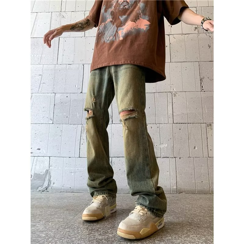 美式高街风黄泥染破洞牛仔裤男复古直筒水洗做旧裤子nk1655p45，女装牛仔裤，星座204-6