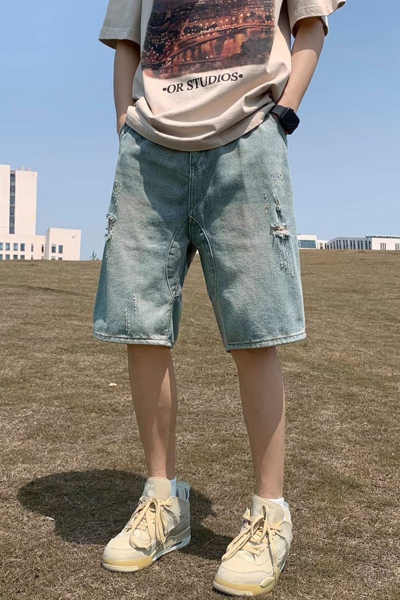 破洞牛仔短裤男2024夏季水洗宽松美式炸街毛边五分裤dk054p40,男装牛仔裤,星座204-6