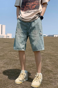 破洞牛仔短裤男2024夏季水洗宽松美式炸街毛边五分裤dk054 p40图片