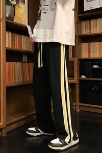 双杠休闲裤嘻哈百搭卫裤阔脚直筒加绒男宽松运动长裤潮hk722 p45图片