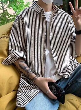 夏季条纹短袖衬衫男韩版潮流休闲百搭宽松七分袖衬衣男cs4011 p30