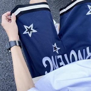 美式复古星星短裤潮牌高街宽松男女夏季情侣休闲五分裤dk694 p35图片