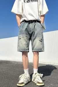 2024夏季文艺牛仔短裤简约五分裤男直筒日系破洞短裤潮dk911 p35图片