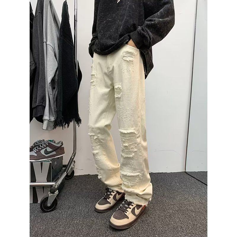 直筒水洗男美式牛仔裤拉链青春做旧做破牛仔裤nk0634 p55图片