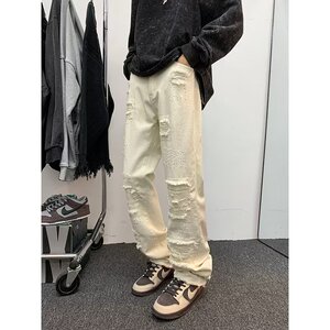 直筒水洗男美式牛仔裤拉链青春做旧做破牛仔裤nk0634 p55图片