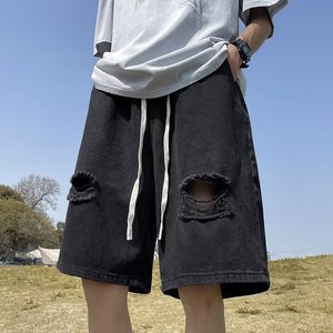 2023夏季文艺牛仔短裤简约五分裤男直筒日系破洞短裤潮dk753 p35图片
