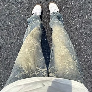 美式复古牛仔裤男秋季水洗提花裤子修身直筒长裤nk8854 p45