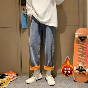 加绒加厚牛仔裤男直筒宽松老爹长裤秋冬休闲韩版保暖裤hnk824p55,初一女生穿搭霸气裤装图片