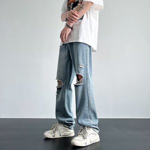 2024夏季直筒水洗男美式牛仔裤拉链青春流行破洞牛仔裤nk6012 p45图片