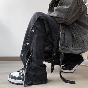 排扣拉链开叉牛仔裤男设计感美式水洗做旧阔腿微喇叭裤nk1372 p60图片