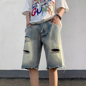 破洞牛仔短裤男2023夏季水洗宽松美式炸街毛边五分裤潮dk6603p40