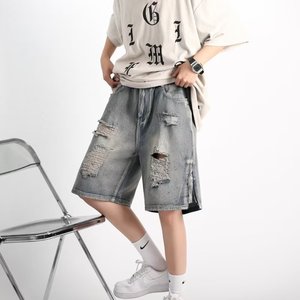 夏季文艺牛仔短裤简约五分裤男直筒日系破洞拉链短裤潮dk5581 p45图片