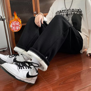 冬季休闲裤男百搭韩版华夫格潮流加绒加厚束脚裤卫裤hk28 p40图片