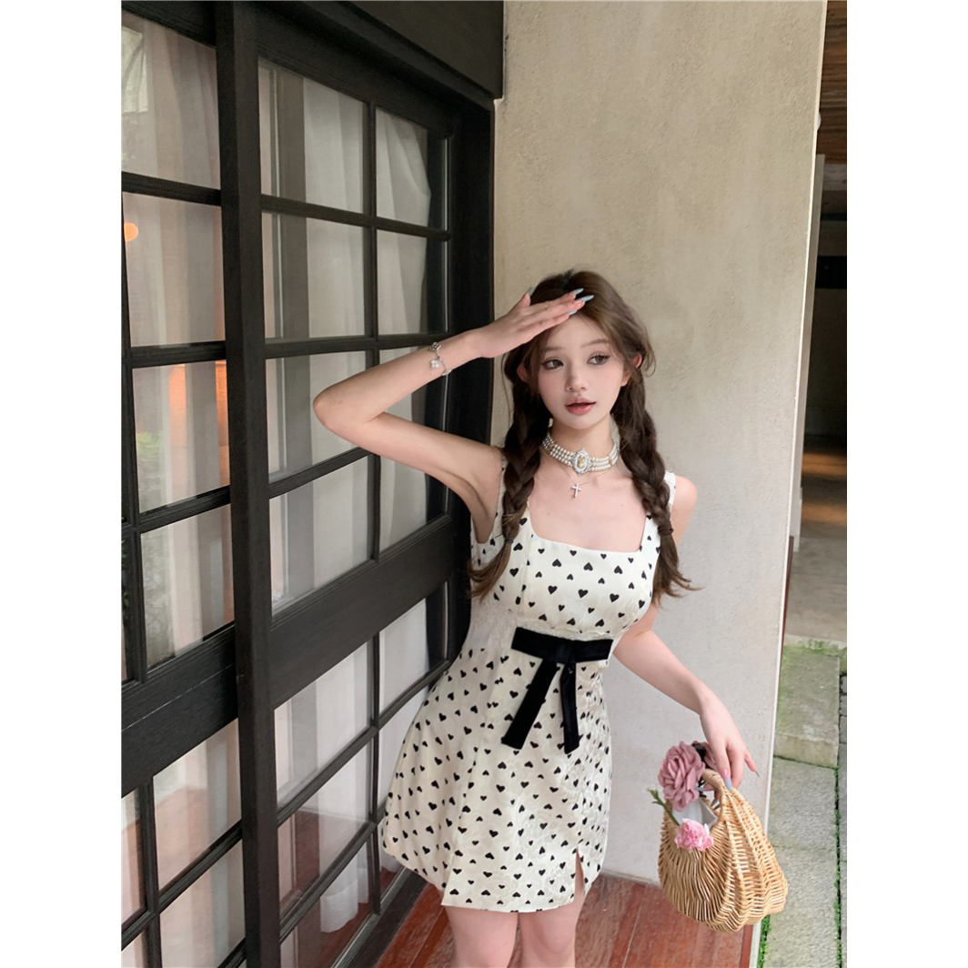 复古波尔多/中款方领波点吊带连衣裙女夏季法式复古度假裙子