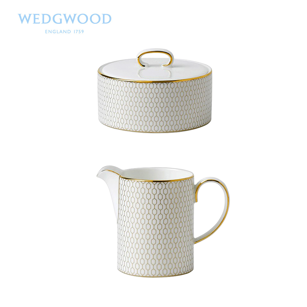 Wedgwood威基伍德金色几何欧式骨瓷糖缸奶罐 下午茶咖啡带盖糖罐