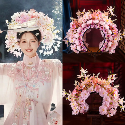 簪花少女粉色发箍成品头饰写真手工仿真花头饰民族风摄影道具