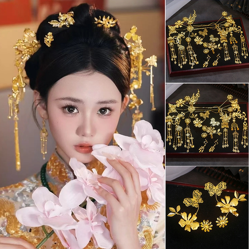 新娘传统金色流苏花朵发簪头饰
