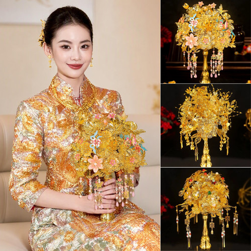 金色新娘龙凤褂流苏仿真手捧花