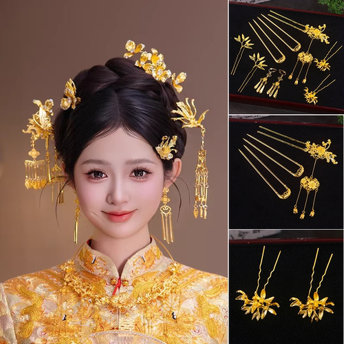 全金色凤凰流苏发簪中式新娘