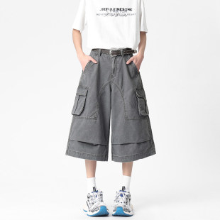 潮牌水洗做旧工装 潮裤 七分牛仔短裤 休闲宽松阔腿中裤 男女夏季 美式