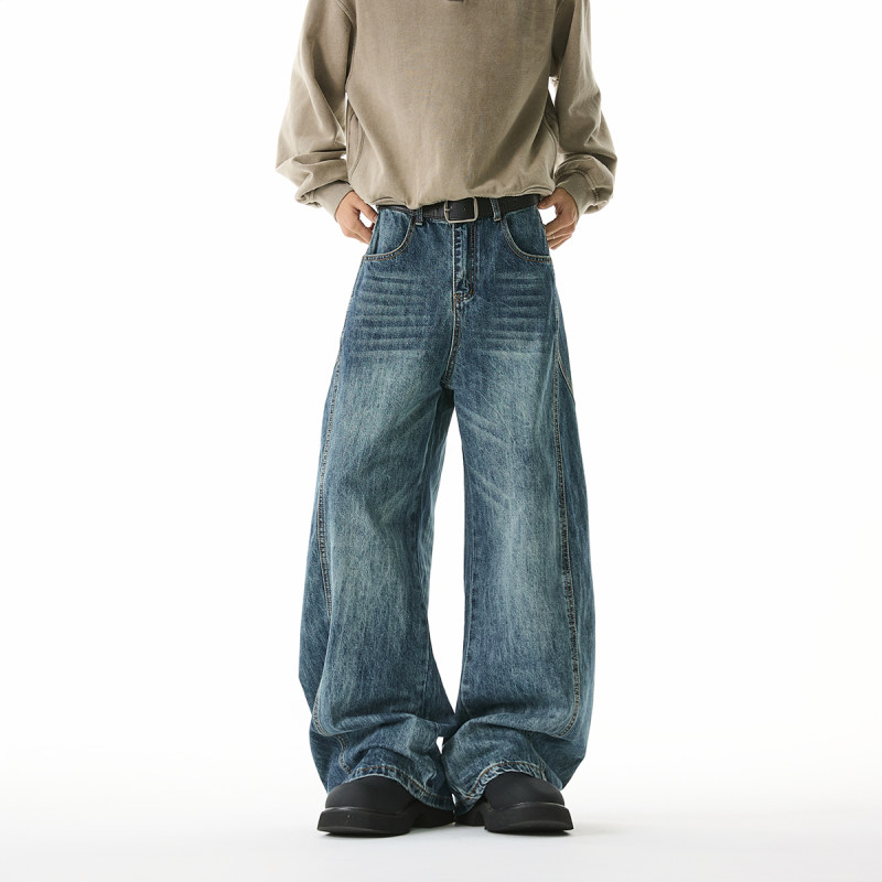 passiburn美式复古水洗弯刀牛仔裤男宽松直筒阔腿镰刀裤baggy裤子