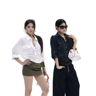 辣妹复古多口袋上衣 莱赛尔天丝正肩衬衫 棕色短裙 吉月月