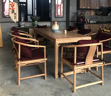 新中式餐桌免漆榆木书桌餐厅实木桌椅仿古书画案原木马蹄腿桌定制
