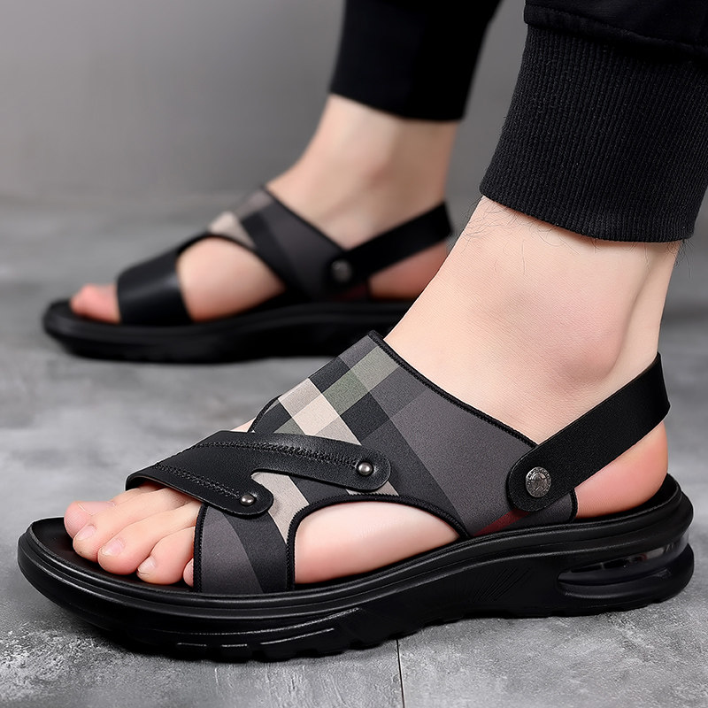 MENS SANDALS 2024 NEW SLIPPERS GENUINE LEATHER SUMMER CASUAL SOFT SOLE WEAR KOREAN TIDE SLIPPERS BEACH SHOES NON-SLIP