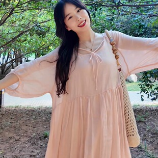 秋季连衣裙简约慵懒风西柚粉苎麻连衣裙女宽松显瘦温柔复古长裙女