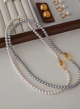真多麻银灰色施家玻璃珍珠项链女