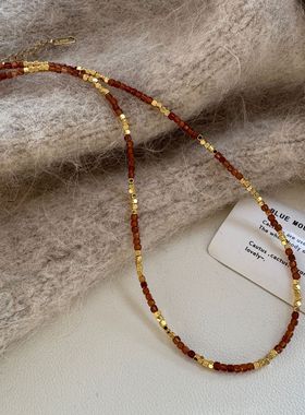 法式复古天然石榴石串珠项链女