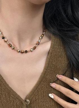 虎眼石咖色周雨彤天然串珠项链