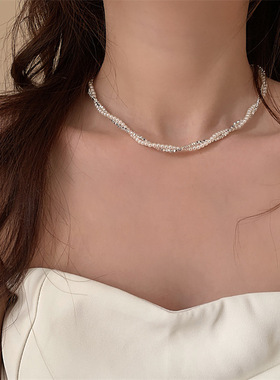 双层淡水巴洛克珍珠麻花简约S925通体纯银碎银几两锁骨链项链饰品