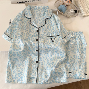轻奢ins风豹纹休闲冰丝睡衣女夏季 家居服可外穿睡衣两件 短袖 套装